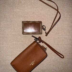 Coach Brown Leather Wristlet and Lanyard Card Holder Set